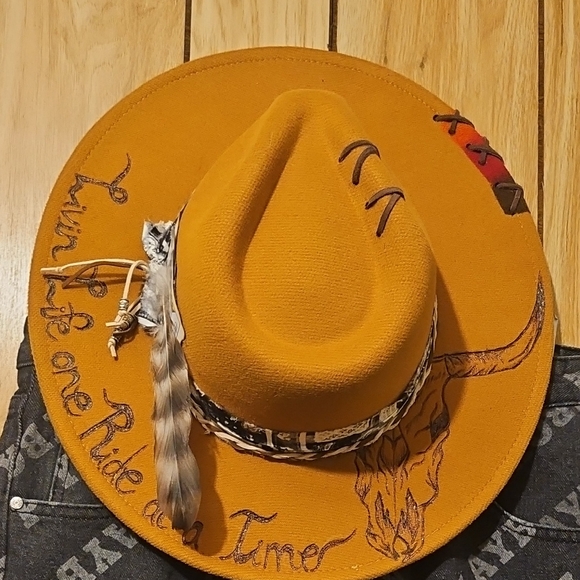 Mustard Cowboy Hat with Feather Accent - Picture 1 of 2